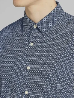 Button Up Shirts|Long Sleeve Button Up Shirts-Awearness Kenneth Cole Slim Fit Geo Print 4-Way Stretch Button Up Shirt Light Blue/Navy