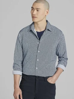 Button Up Shirts|Long Sleeve Button Up Shirts-Awearness Kenneth Cole Slim Fit Geo Print 4-Way Stretch Button Up Shirt Light Blue/Navy