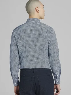 Button Up Shirts|Long Sleeve Button Up Shirts-Awearness Kenneth Cole Slim Fit Geo Print 4-Way Stretch Button Up Shirt Light Blue/Navy