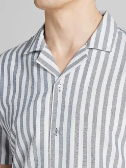 Button Up Shirts-Paisley &Amp; Gray Slim Fit Herringbone Stripe Short Sleeve Camp Shirt Med Blue