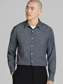 Button Up Shirts|Long Sleeve Button Up Shirts-Awearness Kenneth Cole Slim Fit Industrial Weave Print 4-Way Stretch Button Up Shirt Black/Grey