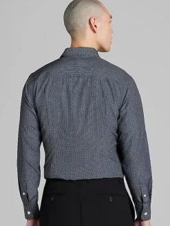 Button Up Shirts|Long Sleeve Button Up Shirts-Awearness Kenneth Cole Slim Fit Industrial Weave Print 4-Way Stretch Button Up Shirt Black/Grey