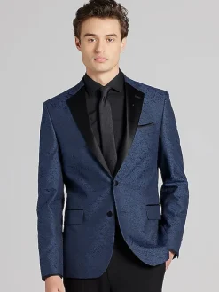 Dinner Jackets-Egara Slim Fit Jacquard Dinner Jacket Blue Jacquard