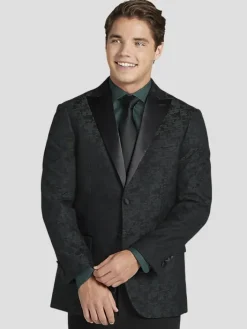 Dinner Jackets-Egara Slim Fit Jacquard Dinner Jacket Dark Green Jacquard