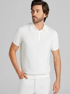 Sweaters|Casual Shop-Awearness Kenneth Cole Slim Fit Jacquard Stripe Short Sleeve Polo Sweater White/Light Grey