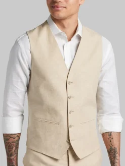 Big & Tall Suits|Linen Suits-JOE Joseph Abboud Slim Fit Linen Blend Suit Vest Tan Chambray