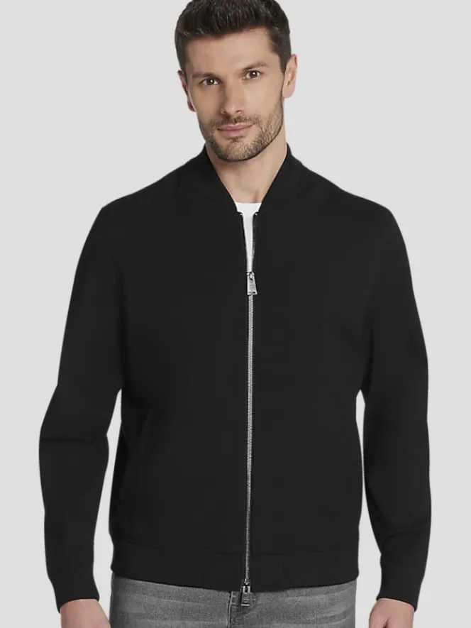 Outerwear|Casual Jackets & Vests-Awearness Kenneth Cole Slim Fit Melange Stretch Bomber Jacket Black