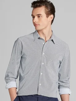 Button Up Shirts|Long Sleeve Button Up Shirts-Awearness Kenneth Cole Slim Fit Micro Cross 4-Way Super Stretch Button Up Shirt Navy