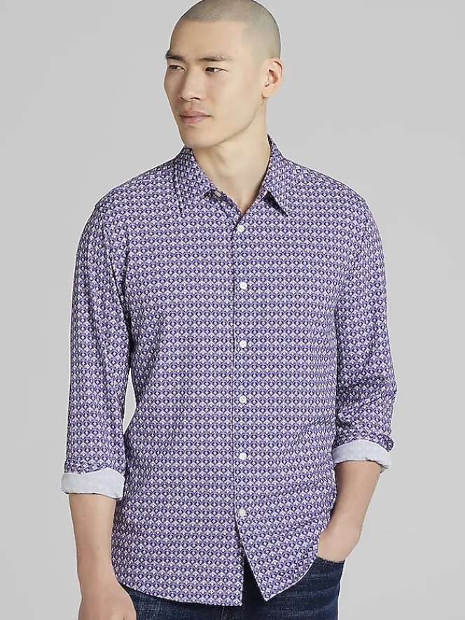 Button Up Shirts|Casual Shirts-Awearness Kenneth Cole Slim Fit Mini Droplet Diamonds 4-Way Stretch Button Up Shirt Purple