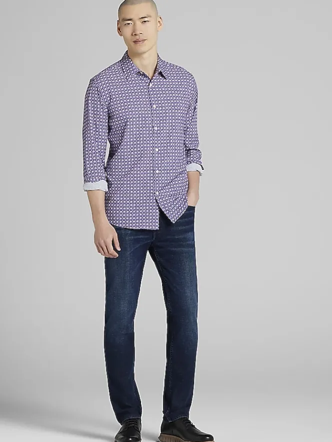 Button Up Shirts|Casual Shirts-Awearness Kenneth Cole Slim Fit Mini Droplet Diamonds 4-Way Stretch Button Up Shirt Purple
