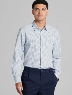 Casual Shirts|Button Up Shirts-Awearness Kenneth Cole Slim Fit Mini Mini Medallion 4-Way Stretch Button Up Shirt Blue