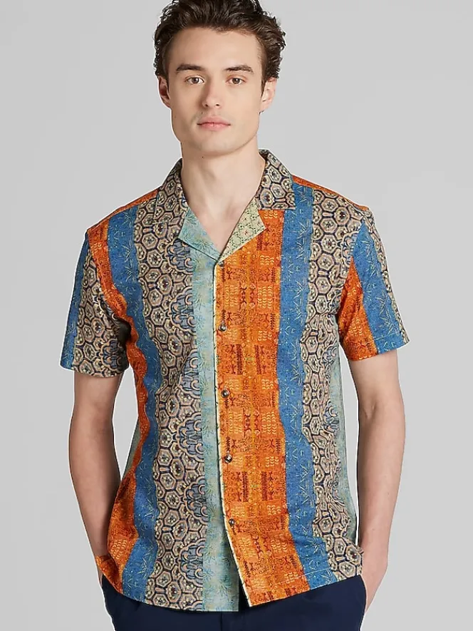 Button Up Shirts-Paisley &Amp; Gray Slim Fit Multistripe Camp Shirt Orange