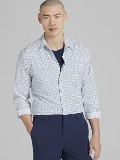 Button Up Shirts|Long Sleeve Button Up Shirts-Awearness Kenneth Cole Slim Fit Offset Geo Print 4-Way Stretch Button Up Shirt Blue