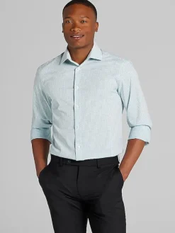 Patterned Dress Shirts|Designer Dress Shirts-Awearness Kenneth Cole Slim Fit Performance Stretch Dobby Check Dress Shirt Teal
