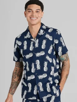 Button Up Shirts-Paisley &Amp; Gray Slim Fit Pineapple Short Sleeve Camp Shirt Navy