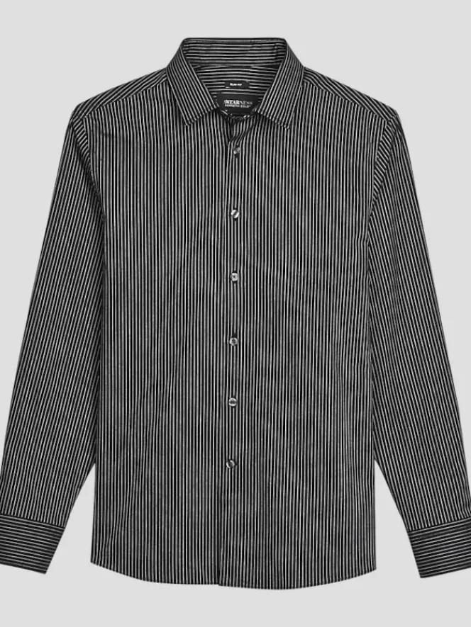Button Up Shirts|Long Sleeve Button Up Shirts-Awearness Kenneth Cole Slim Fit Pinstripe Woven Button Up Shirt Black