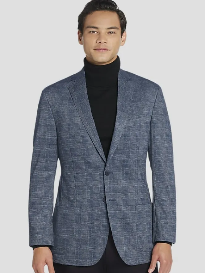 Sport Coats|Sport Coats-Awearness Kenneth Cole Slim Fit Plaid Knit Sport Coat Blue Plaid