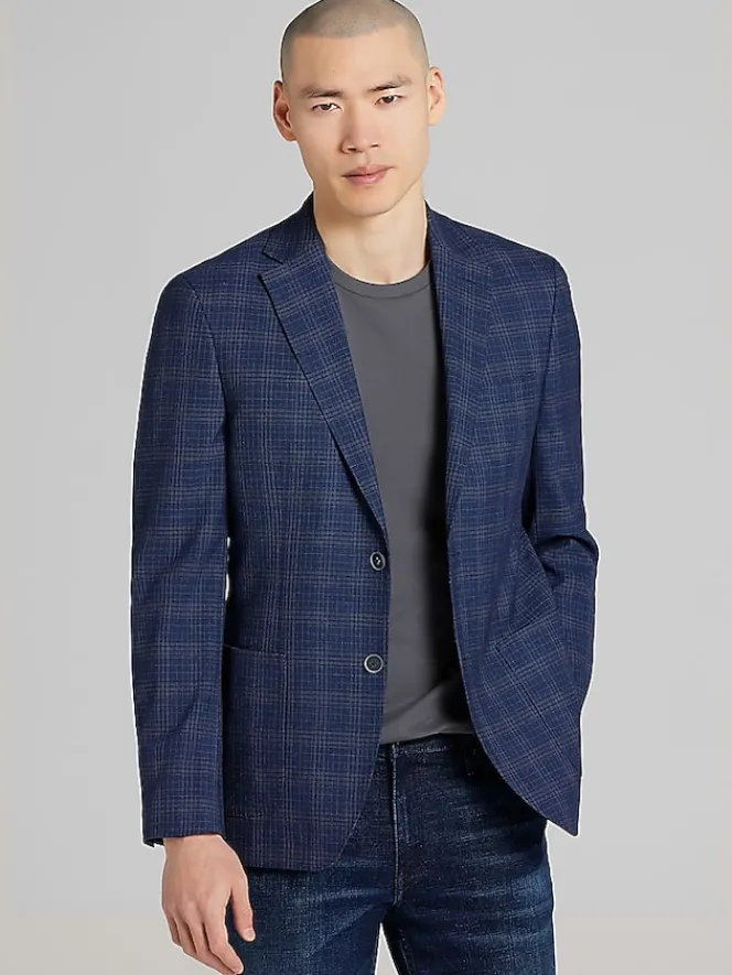 Sport Coats|Sport Coats-Calvin Klein Slim Fit Plaid Sport Coat Blue Plaid