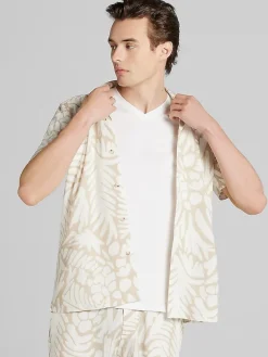 Button Up Shirts-Paisley &Amp; Gray Slim Fit Short Sleeve Linen Blend Camp Shirt Tan