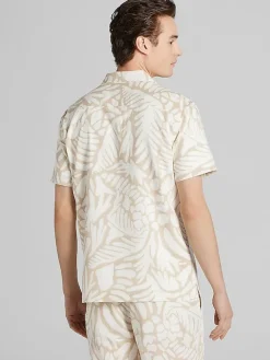 Button Up Shirts-Paisley &Amp; Gray Slim Fit Short Sleeve Linen Blend Camp Shirt Tan