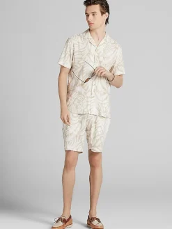 Button Up Shirts-Paisley &Amp; Gray Slim Fit Short Sleeve Linen Blend Camp Shirt Tan