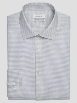 Designer Dress Shirts|Dress Shirts-Calvin Klein Slim Fit Spread Collar Plaid Dress Shirt Gray Stripe
