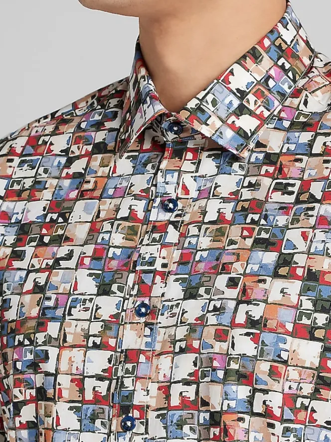 Button Up Shirts-Paisley &Amp; Gray Slim Fit Square Short Sleeve Button Up Shirt Red