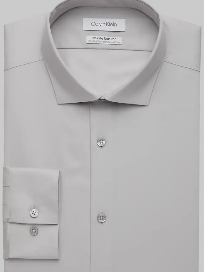 Solid Dress Shirts|Designer Dress Shirts-Calvin Klein Slim Fit Stretch Non-Iron Dress Shirt Pearl Gray