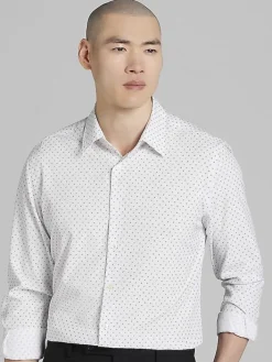 Button Up Shirts|Long Sleeve Button Up Shirts-Awearness Kenneth Cole Slim Fit Tri Dot 4-Way Stretch Button Up Shirt White/Black