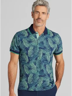 Polos-Con.Struct Slim Fit Tropical Leaf Golf Polo Navy