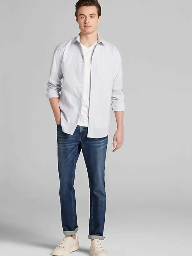 Designer Dress Shirts|Dress Shirts-Awearness Kenneth Cole Slim Fit Ultra Performance Stretch Mini Plaid Dress Shirt Lt Blue/Navy