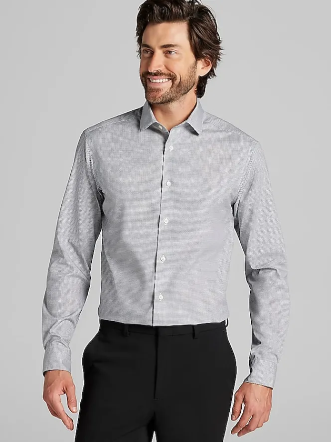 Designer Dress Shirts|Dress Shirts-Awearness Kenneth Cole Slim Fit Ultra Performance Stretch Mini Plaid Dress Shirt Grey