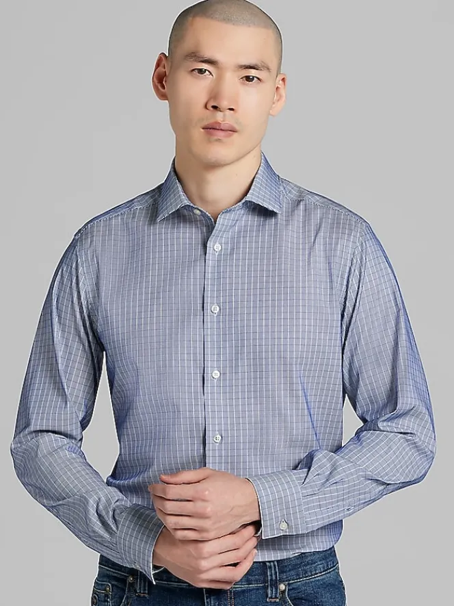 Patterned Dress Shirts|Designer Dress Shirts-Awearness Kenneth Cole Slim Fit Ultra Performance Stretch Grid Plaid Dress Shirt Royal Blue