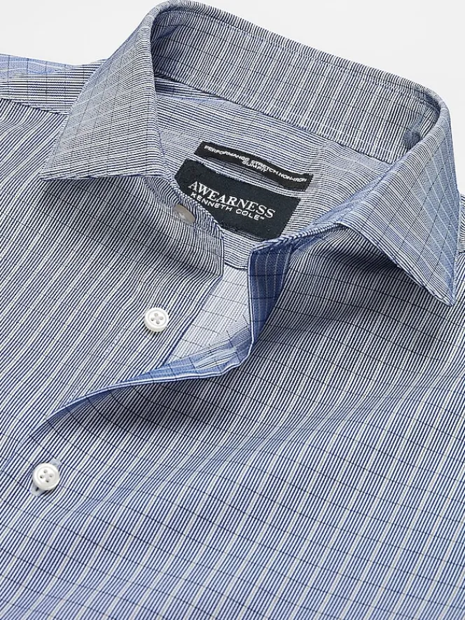 Patterned Dress Shirts|Designer Dress Shirts-Awearness Kenneth Cole Slim Fit Ultra Performance Stretch Grid Plaid Dress Shirt Royal Blue