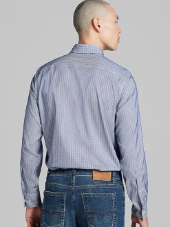 Patterned Dress Shirts|Designer Dress Shirts-Awearness Kenneth Cole Slim Fit Ultra Performance Stretch Grid Plaid Dress Shirt Royal Blue