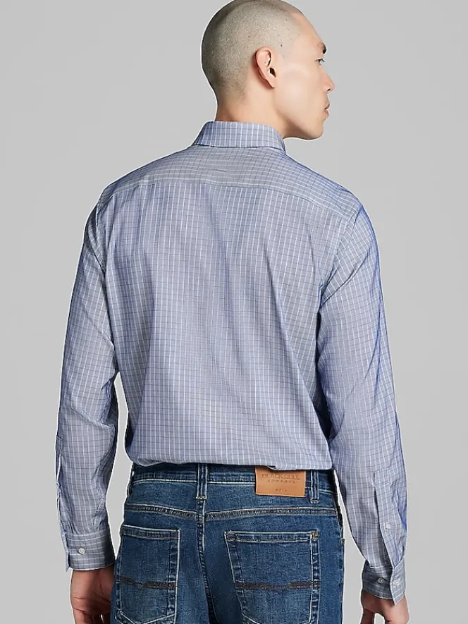 Patterned Dress Shirts|Designer Dress Shirts-Awearness Kenneth Cole Slim Fit Ultra Performance Stretch Grid Plaid Dress Shirt Royal Blue