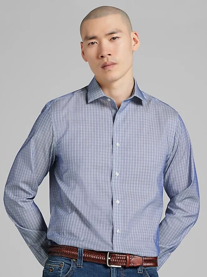 Patterned Dress Shirts|Designer Dress Shirts-Awearness Kenneth Cole Slim Fit Ultra Performance Stretch Grid Plaid Dress Shirt Royal Blue