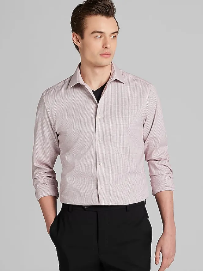 Patterned Dress Shirts|Designer Dress Shirts-Awearness Kenneth Cole Slim Fit Ultra Performance Stretch Textured Check Dress Shirt Rust