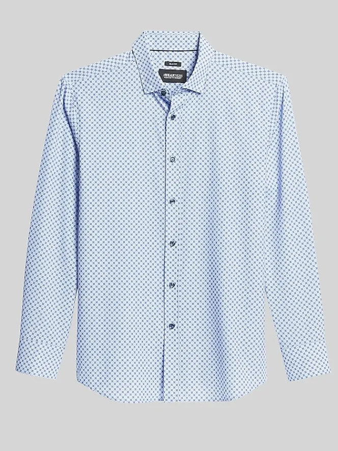 Button Up Shirts|Long Sleeve Button Up Shirts-Awearness Kenneth Cole Slim Fit 4-Way Stretch Circle Tile Button Up Shirt Med Blue