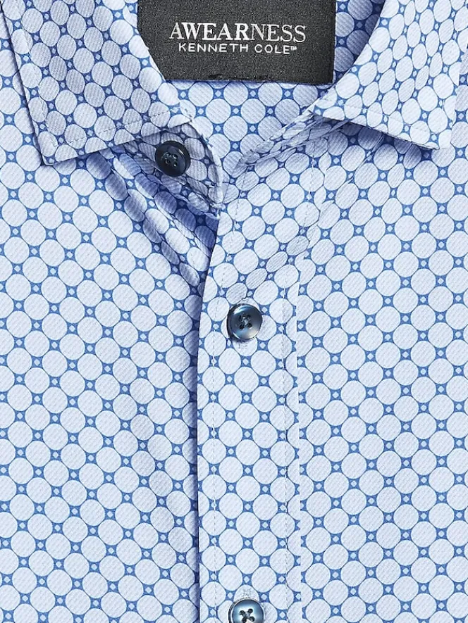 Button Up Shirts|Long Sleeve Button Up Shirts-Awearness Kenneth Cole Slim Fit 4-Way Stretch Circle Tile Button Up Shirt Med Blue