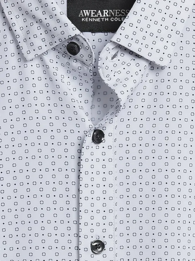 Button Up Shirts-Awearness Kenneth Cole Slim Fit 4-Way Stretch Mini Circle Dot Button Up Shirt White