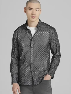 Button Up Shirts|Long Sleeve Button Up Shirts-Awearness Kenneth Cole Slim Fit 4-Way Stretch Mini Dot Button Up Shirt Black