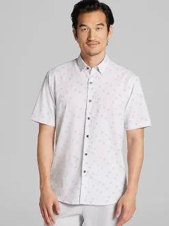 Button Up Shirts|Casual Shirts-Awearness Kenneth Cole Slim Fit 4-Way Stretch Short Sleeve Button Up Shirt Med Grey