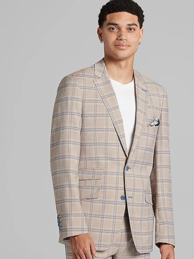 3-piece Suits|Suit Separates-Paisley &Amp; Gray Slim Fit Windowpane Suit Jacket Tan Blue Windowpane