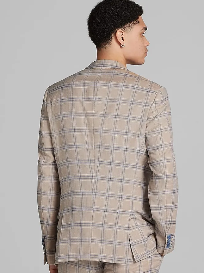3-piece Suits|Suit Separates-Paisley &Amp; Gray Slim Fit Windowpane Suit Jacket Tan Blue Windowpane