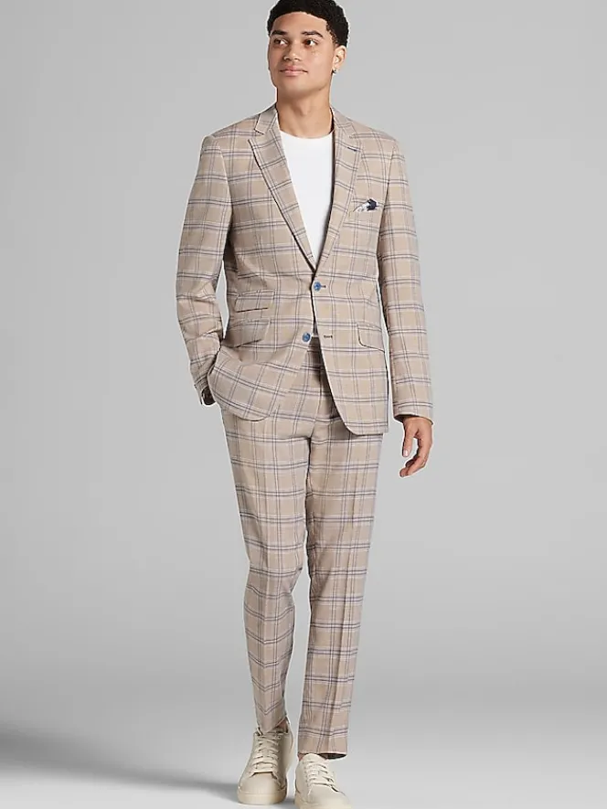 3-piece Suits|Suit Separates-Paisley &Amp; Gray Slim Fit Windowpane Suit Jacket Tan Blue Windowpane