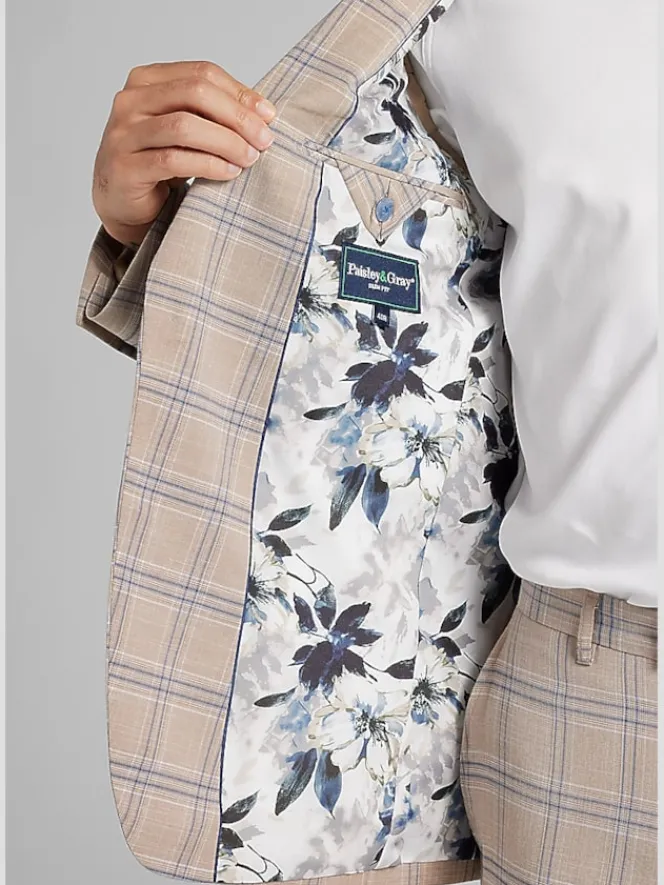 3-piece Suits|Suit Separates-Paisley &Amp; Gray Slim Fit Windowpane Suit Jacket Tan Blue Windowpane