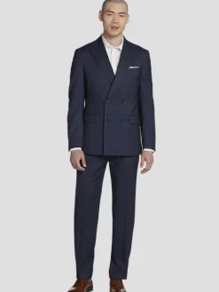 3-piece Suits|Suit Separates-Calvin Klein Slim FIt Wool Blend Double-Breasted Suit Jacket Navy Tic