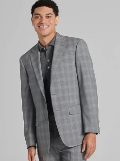 Suit Separates|3-piece Suits-Calvin Klein Slim Fit Wool Blend Suit Jacket Grey/Blue Plaid