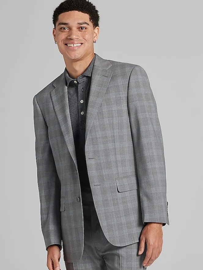 Suit Separates|3-piece Suits-Calvin Klein Slim Fit Wool Blend Suit Jacket Grey/Blue Plaid